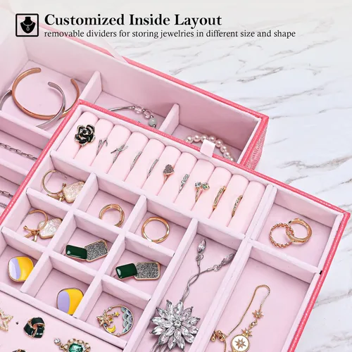 Miniatura 3 de Joyero para mujeres, niñas, novia, esposa, organizador de joyas de cuero grande, estuche de almacenamiento con dos capas para aretes, pulseras