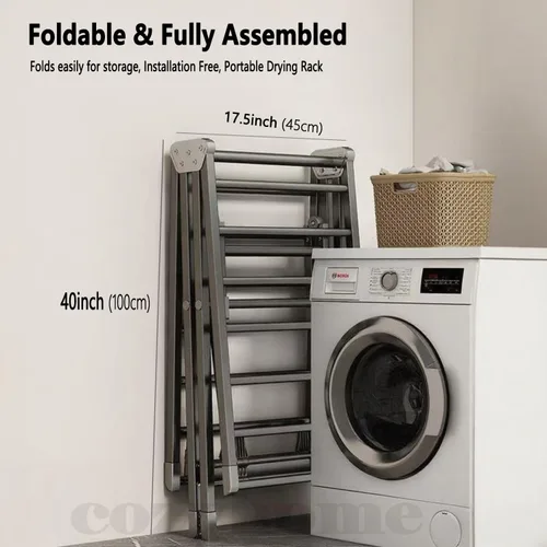 Miniatura 7 de Tendedero plegable de 71 pulgadas, con ruedas, secadora de ropa de metal resistente, diseño extragrueso de pie
