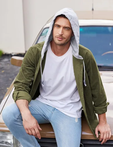 Miniatura 4 de COOFANDY Chaqueta de pana para hombre, manga larga, con botones, casual, elegante, con capucha, con bolsillo