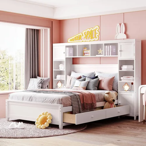 Miniatura 16 de RUNNA Elegante cama de plataforma de tamaño Queen con estantes extraíbles, cama de almacenamiento de madera con nido de tamaño individual