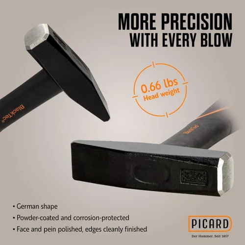 Miniatura 3 de Picard Martillo remachador BlackTec 10.58 oz - Patrón alemán, cruz Peen, cabeza de acero de aleación, recubrimiento en polvo negro, baja vibración