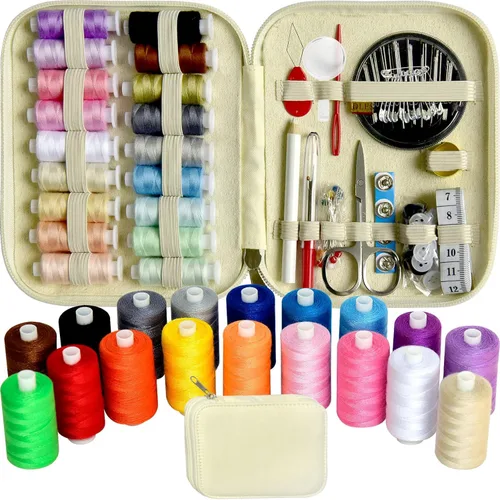 Miniatura 12 de Kit de costura con estuche, suministros de costura portátiles para el hogar, viajero, adultos, principiantes, emergencia, contiene 18 hilos