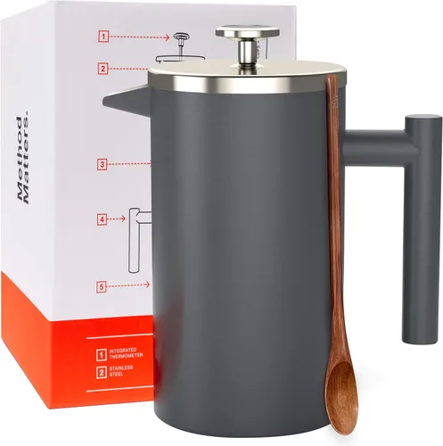 Barista Warrior Prensa francesa con termómetro, prensa de café aislada, cafetera de acero inoxidable (1.0L, 34 onzas líquidas, gris)