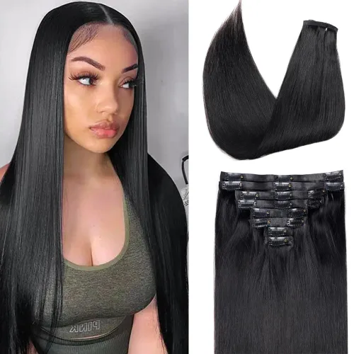 Miniatura 40 de Extensiones de cabello humano real con clip, 8 unidades, cabello humano Remy liso de seda suave natural, 4.23 oz, 20 pulgadas, negro natural #1B, 8