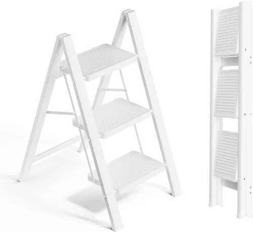 SOLADDER Escalera plegable de 3 escalones, taburete pequeño para adultos, escalera de hierro antideslizante portátil con pedales anchos para uso