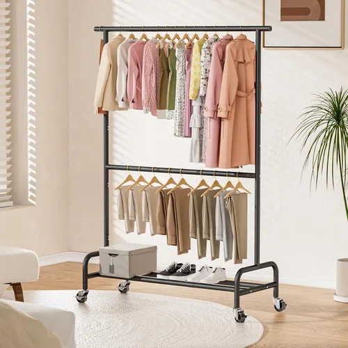 Miniatura 7 de Abiglifty Perchero con ruedas de 2 niveles, perchero resistente con ruedas, capacidad de 150 libras, 43 pulgadas de ancho x 17 pulgadas de Negro