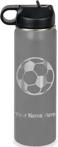 Miniatura 20 de LaserGram Botella de agua personalizada, pelota de fútbol, acero inoxidable de doble pared aislada al vacío con popote superior, regalo grabado