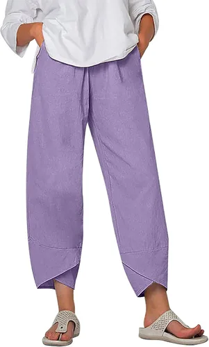 Miniatura 9 de Pantalones Capri de Lino de Algodón para Mujer 2025, Pantalones Palazzo Recortados Casuales con Estampado, Cintura Elástica, Pantalones Holgados