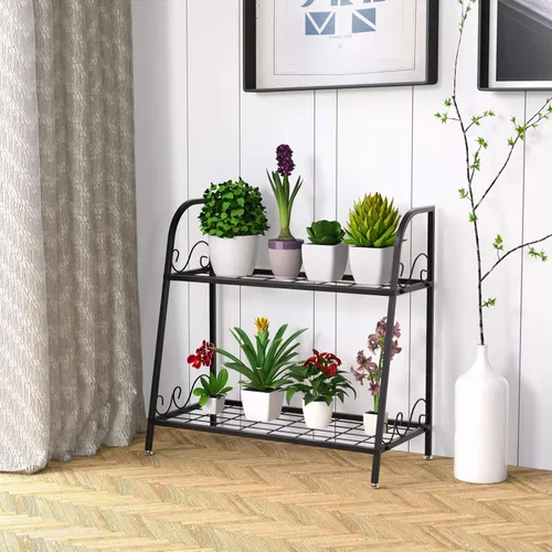 Miniatura 2 de Giantex Soporte de metal de 2 niveles para plantas, estante para plantas de interior y exterior, estante de exhibición de flores, soporte