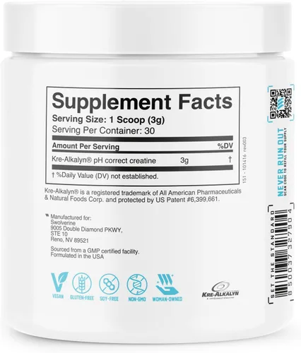 Miniatura 5 de Swolverine Kre-Alkalyn Creatina en polvo – Creatina tamponada con pH con bicarbonato de sodio, sin fase de carga, soporta fuerza, potencia