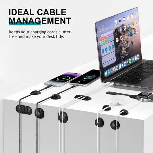 Miniatura 2 de Paquete de 16 cables de escritorio negros, organizador de cables ajustables, organizador de cables para cables, cargador de teléfono/PC/TV, soporte