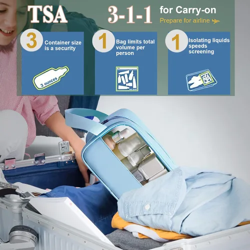 Miniatura 4 de Paquete de 3 bolsas de aseo de viaje impermeables, PVC transparente y organizador de maquillaje cosmético de poliuretano floral azul, aprobado por