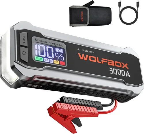 Miniatura 10 de WOLFBOX Arrancador de batería de 2000 A, batería de 44.4 Wh portátil con pantalla LED, paquete de arranque de batería de automóvil de 12 V