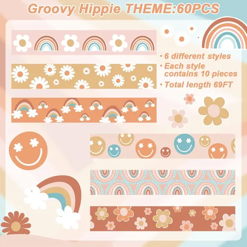 Miniatura 3 de Tablero de anuncios Groovy de 69 pies, diseño bohemio, tiras rectas, retro, hippie con margarita sonriente y borde arcoíris para guardería, escuela