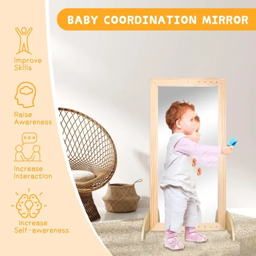 Miniatura 7 de Espejo Montessori con barra, barra de dominadas ajustable de madera para bebé, piso y pared, inastillable, seguridad, coordinación infantil, muebles