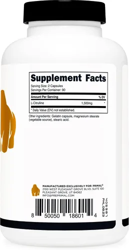 Miniatura 4 de Primal Cápsulas de L-citrulina (180 cápsulas/1,500 mg por porción) Suplemento premium de L-citrulina