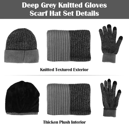 Miniatura 2 de Guantes para hombre para clima frío invierno cálido de felpa gris oscuro gorro de punto grueso para Navidad Año Nuevo regalo de cumpleaños