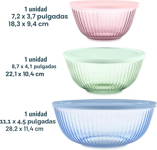 Miniatura 2 de Pyrex Colores Tintados (Paquete de 3, Juego Completo) Tazones de Mezcla de Vidrio Tintado Esculpido con Tapas, Juego de Tazones Anidables que