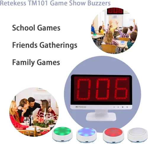 Miniatura 2 de Retekess Sistema de zumbador inalámbrico TM101, contesta zumbadores con luces y sonido, añade hasta 32 botones, 262 pies, zumbadores de programas