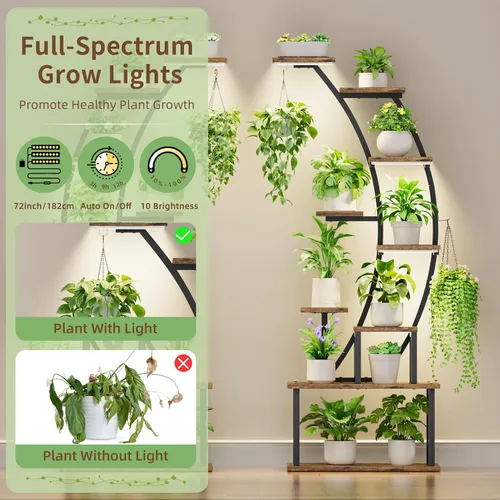 Miniatura 3 de BACEKOLL - Soporte para plantas de interior con luces de crecimiento, estantería metálica de 9 niveles, soporte alto de plantas de 162 cm