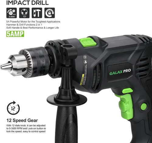 Miniatura 5 de GALAX PRO Taladro martillo de 5 amperios de 1/2 pulgada con 105 accesorios, velocidad variable 0-3000, martillo y taladro 2 funciones en 1, mango