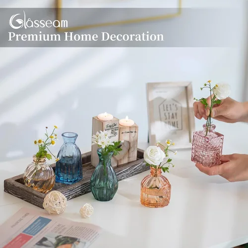 Miniatura 5 de Glasseam Jarrones de cristal para flor: 5 coloridos jarrones pequeños con bandeja de madera rústica para el hogar, oficina, sala de estar, baño