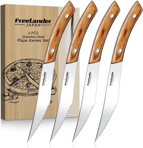 Freelander Juego de 4 cuchillos para pizza con cuchillas afiladas de acero inoxidable, diseño forjado de espiga completa, mango ergonómico