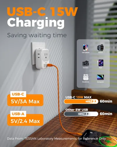 Miniatura 3 de Adaptador de enchufe de viaje europeo USB C, adaptador de enchufe internacional TESSAN con 4 salidas de CA, 3 puertos de carga USB, adaptador