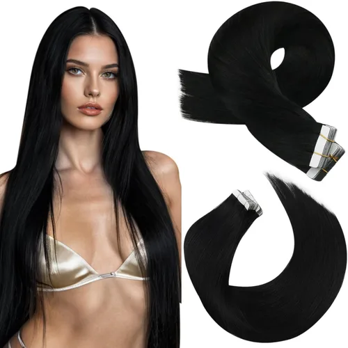 Moresoo Extensiones de cabello humano real con cinta adhesiva, sin costuras, #1 negro azabache, 20 piezas, 1.76 oz (50 g), 24 pulgadas