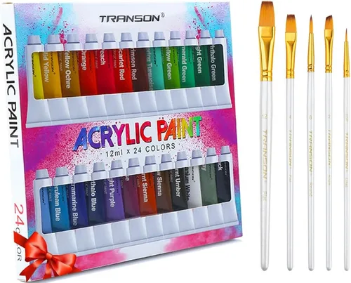 TRANSON Juego de pintura acrílica de 24 colores con 5 pinceles de pintura no tóxica para lienzo artesanal pintura de arte rupestre