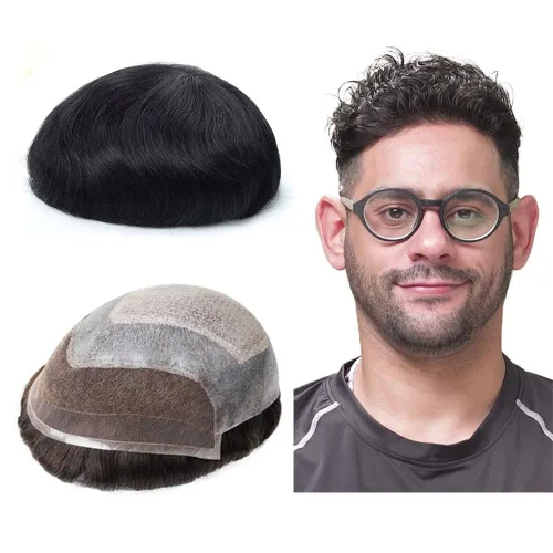 Lordhair Tupé frontal de encaje francés para hombres 0.004 in inyectado piezas de pelo de piel fina unidas con sistema de cabello de encaje de