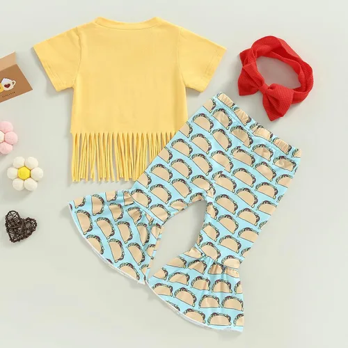 Miniatura 63 de fhutpw Conjunto de camiseta de manga corta con estampado de vaca y pantalones acampanados de dibujos animados para niñas