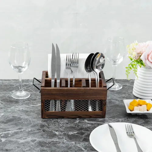 Miniatura 3 de MyGift Soporte para utensilios y servilletas de madera marrón rústico con asas de transporte de metal negro y panel frontal de alambre de pollo