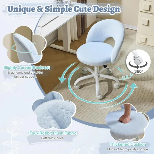 Miniatura 6 de VINGLI Silla de tocador pequeña con ruedas de piel sintética para niñas, bonita silla de escritorio de oficina sin brazos de altura ajustable