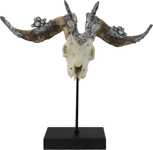 Ebros Gift Gemas de cristal ornamentadas realistas Valais atornilladas de plata con cuello negro, escultura de resina de calavera de Billy Goat en