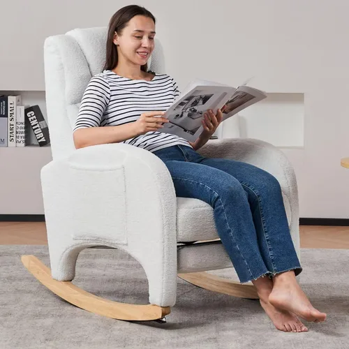 Miniatura 8 de FOXHUNTER Mecedora para guardería, moderna silla deslizante con reposapiés ajustable y patas de madera maciza, respaldo alto, silla de guardería