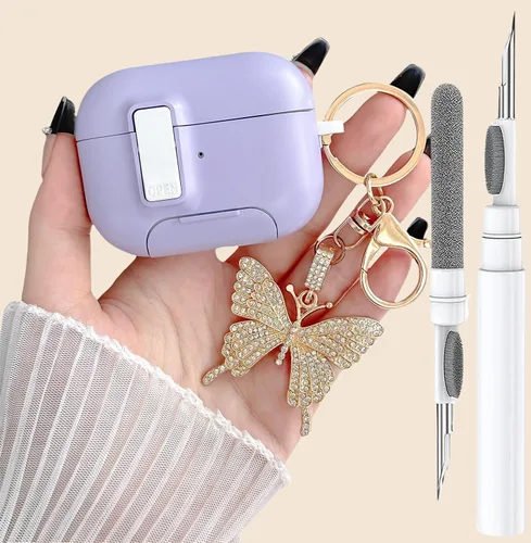 Miniatura 12 de Bonita funda rosa para Airpods de 4 generación con cerradura y llavero de mariposa brillante para mujeres femeninas, funda rígida transparente única