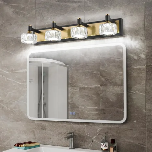 Miniatura 7 de Lámpara de baño de 3 luces sobre el espejo, luz LED regulable para tocador de baño con pantalla de cristal, lámpara de pared moderna negra y dorada