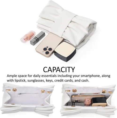 Miniatura 5 de Elegante bolso de mano con lazo para mujer, suave y plisado, bolsa de noche de poliuretano con cadena desmontable para fiesta de graduación, boda