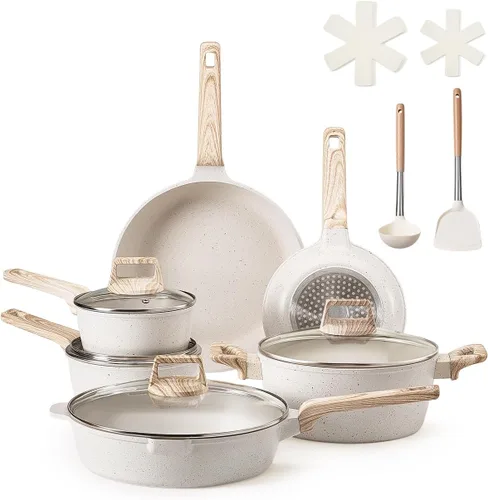 VEVOR Juego de ollas y sartenes de 17 piezas, juego de utensilios de cocina antiadherentes de granito, utensilios de cocina de inducción, juegos de