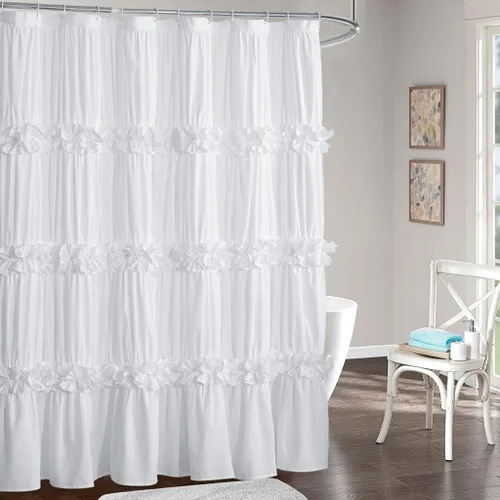 Homechoice Decor Cortina de Ducha Victoriana con Volantes, Cortina de Baño Vintage de Microfibra Fruncida Artesanal con Corbata de Moño para Baño