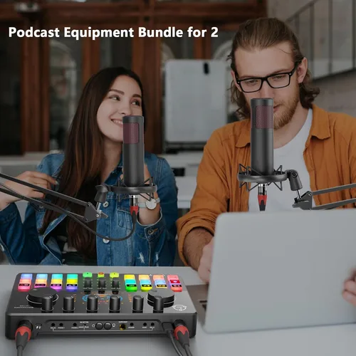 Miniatura 2 de Paquete de equipo de podcast para 2, mezclador de DJ de interfaz de audio con micrófono condensador XLR de 48 V, RGB, cambio de voz, para HS-M100-2X