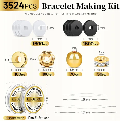 Miniatura 3 de LEOBRO Kit de fabricación de pulseras de cuentas de arcilla, 3524 cuentas blancas, negras y doradas para pulseras, cuentas para hacer joyas