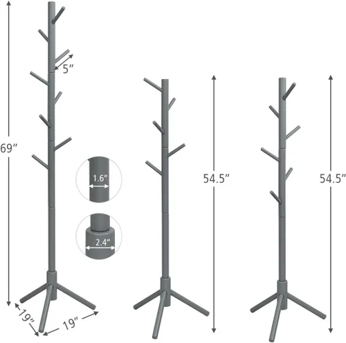 Miniatura 5 de Tangkula Perchero independiente, soporte de madera de goma con 8 ganchos, altura ajustable para entrada, abrigo de árbol, soporte para el hogar, Gris