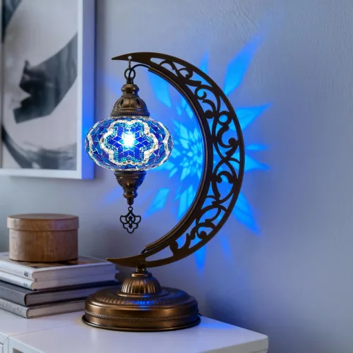 Miniatura 12 de Lámpara de mesa turca de mosaico en forma de media luna, lámpara de escritorio marroquí estilo luna boho hecha a mano, iluminación decorativa