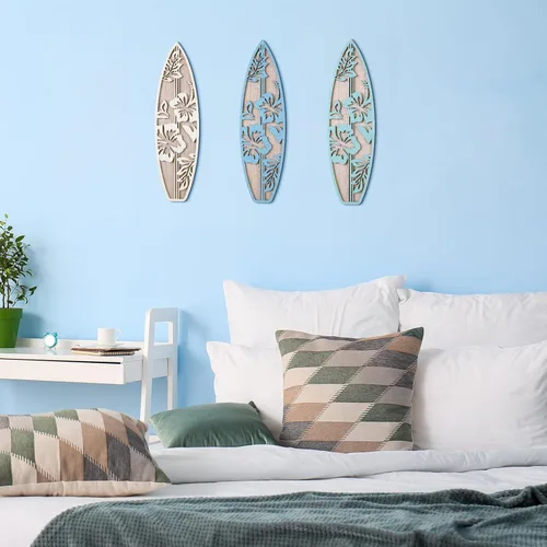 Miniatura 5 de RattanView 3 piezas de decoración de tabla de surf para dormitorio, decoración de pared de playa de madera, tabla de surf de madera de verano