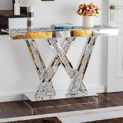 Miniatura 7 de Mesa consola plateada con acabado de espejo, moderna mesa de entrada de cristal, diseño geométrico, 32 pulgadas de ancho, mesa de consola pequeña