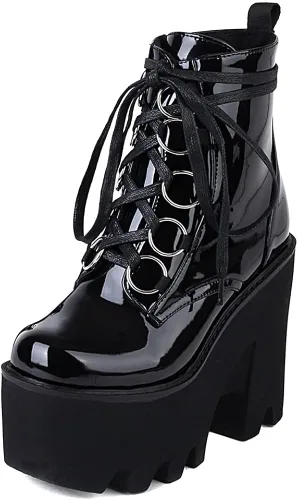 CELNEPHO Botines de combate para mujer, puntera cuadrada, con cordones, tacón alto, plataforma de motociclista, estilo punk, gótico, a media