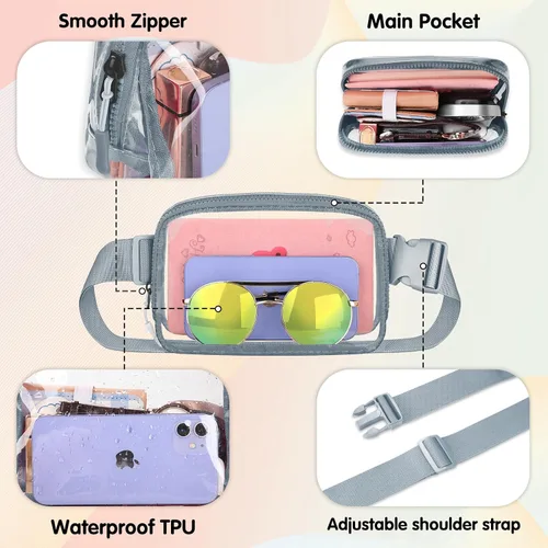 Miniatura 4 de Riñonera transparente aprobada para estadios, bolsa de cinturón transparente, cangurera transparente para mujeres y hombres con correa ajustable
