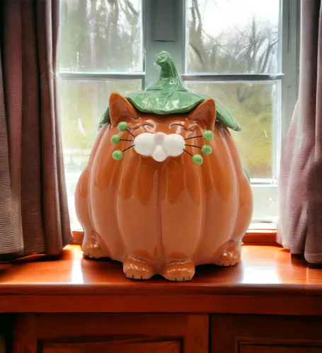 Miniatura 6 de Cosmos Gifts Caja de caramelos con diseño de gato y calabaza de cerámica fina, 14.9 cm H